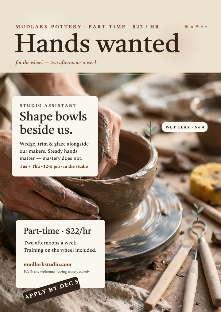 Mudlark Pottery hiring flyer: pottery hiring flyer template