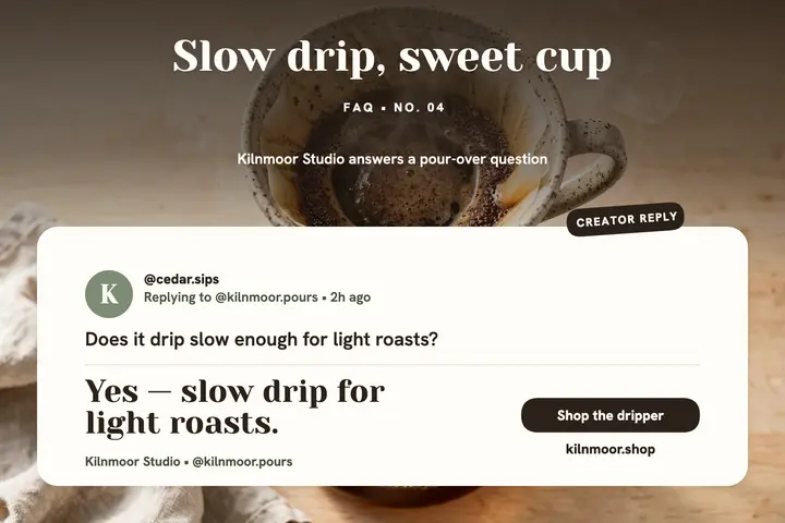Kilnmoor pour-over FAQ postcard template