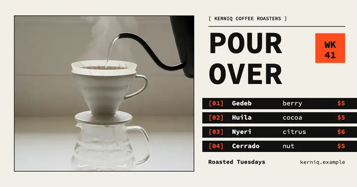 Kerniq pour over weekly menu, mono editorial template