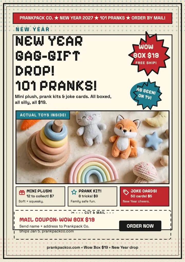 Prankpack gag gift comic drop flyer template