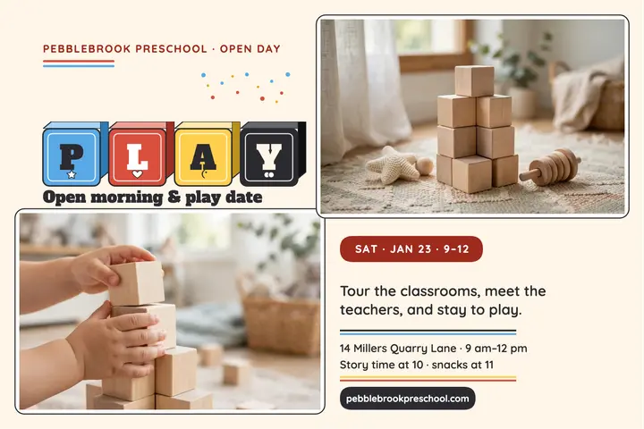 Pebblebrook Preschool open day blocks postcard template