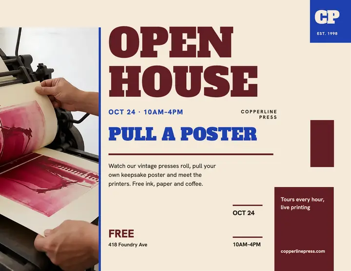 Copperline Press open house flyer template
