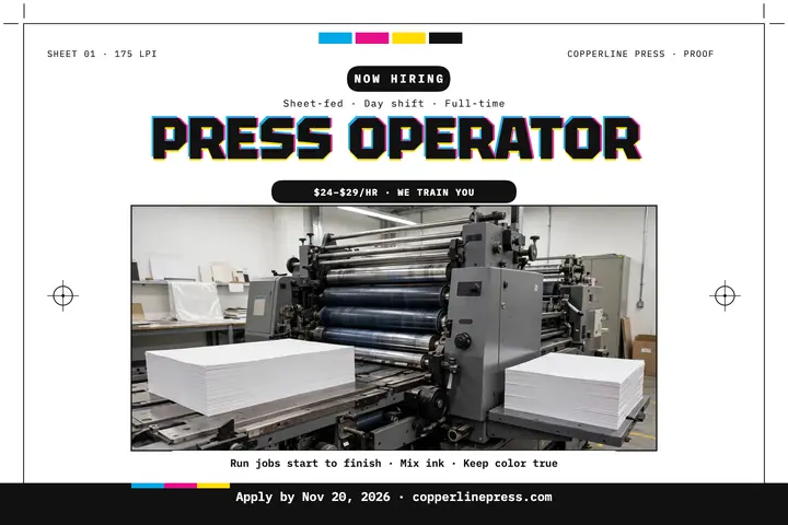 Copperline Press operator hiring proof: press operator hiring postcard template