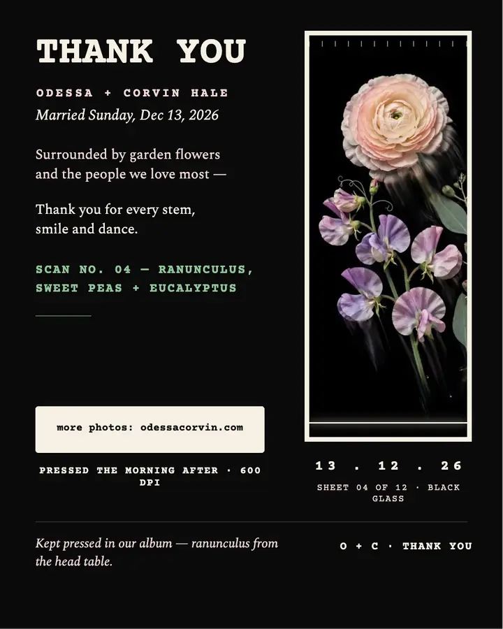 Odessa and Corvin pressed bloom thank you template
