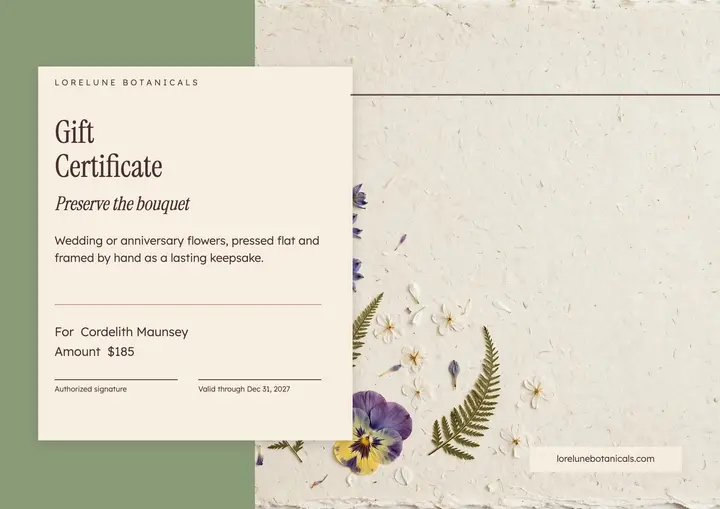 Pressed bouquet gift certificate, pressed flora template