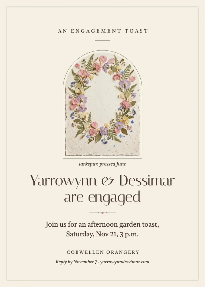 Garden toast engagement invitation, pressed flowers template
