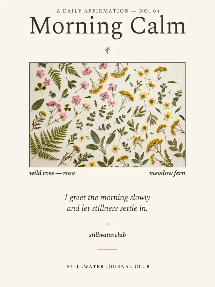Morning Calm affirmation card, pressed flowers: wellness affirmation card template