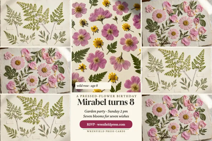 Mirabel pressed-flower birthday postcard: birthday postcard template