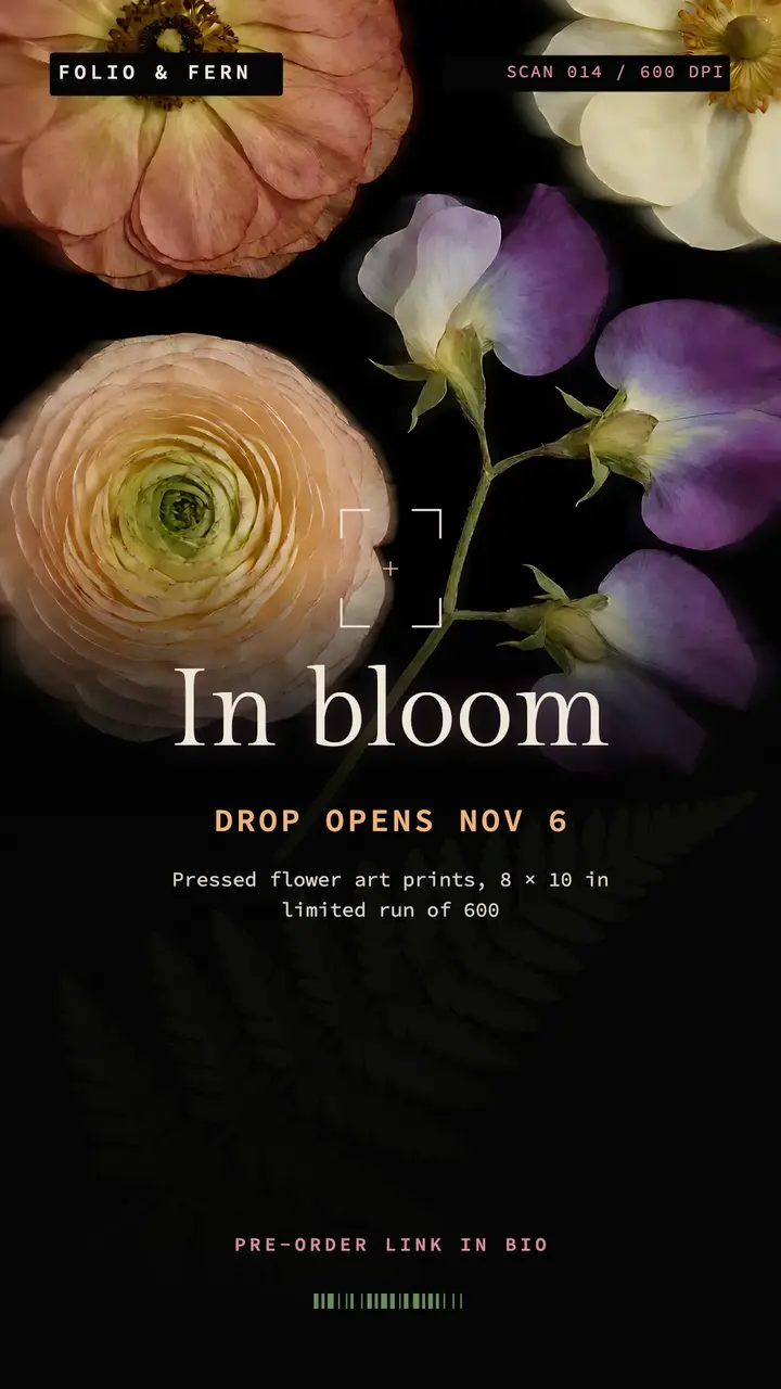 Folio & Fern pressed flower prints pre-order story template
