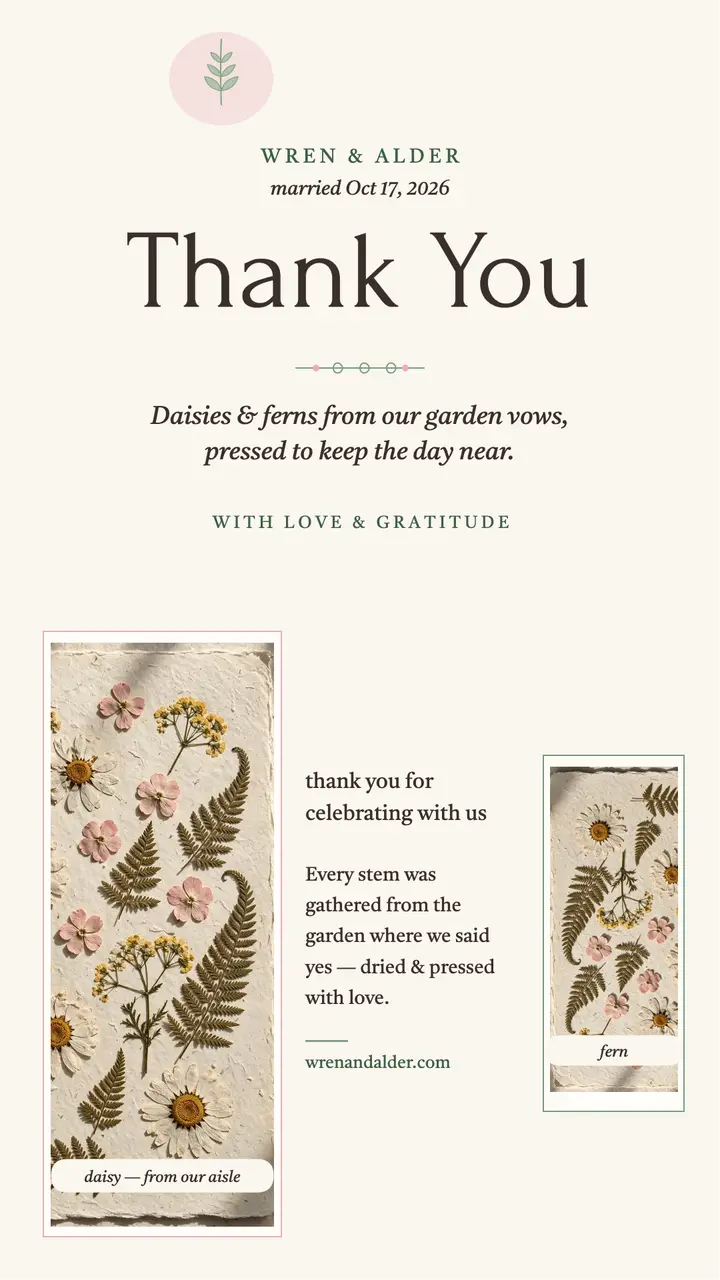 Wren and Alder pressed flower thank you template