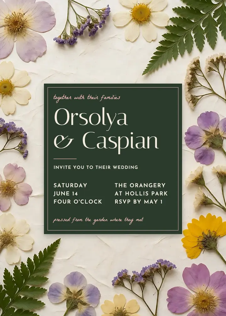 Orsolya and Caspian wedding invitation, pressed flora template
