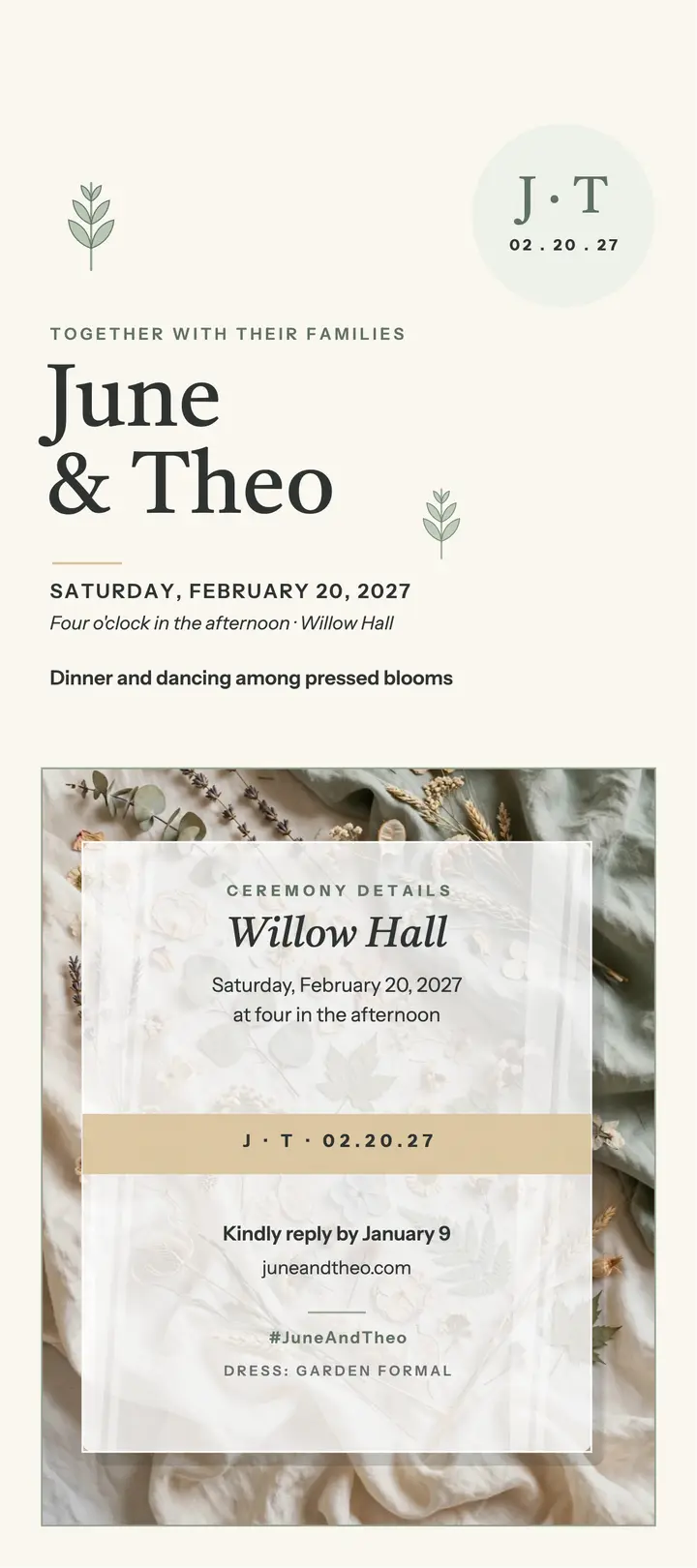 June and Theo pressed flower wedding rack card template