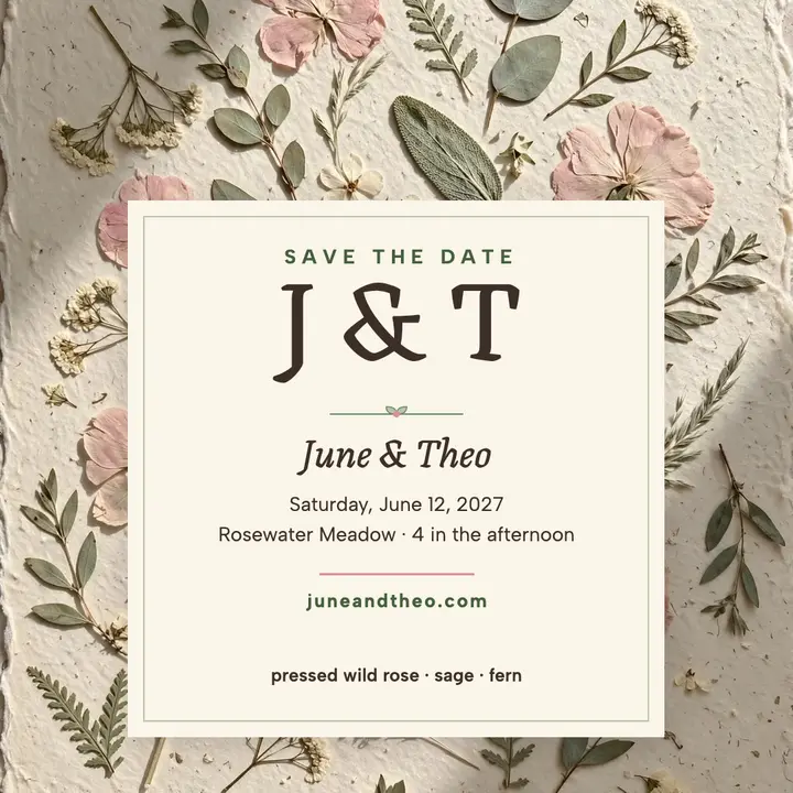 June and Theo pressed flower save the date: save the date square post template