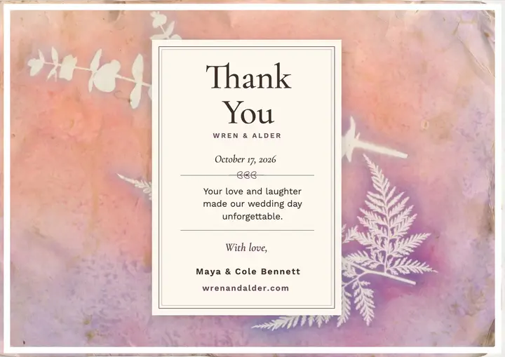 Pressed leaf wedding thanks certificate template