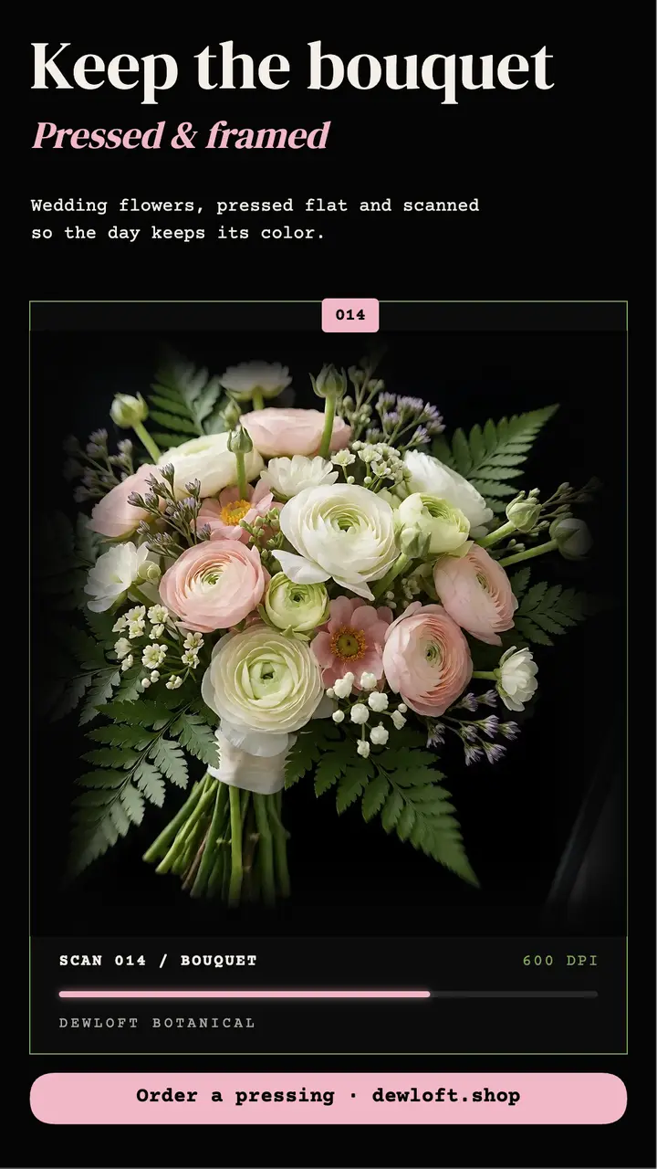 Pressed wedding bouquet scanography story template