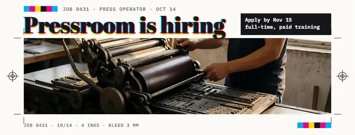 Pressroom hiring press proof cover: print shop hiring cover template