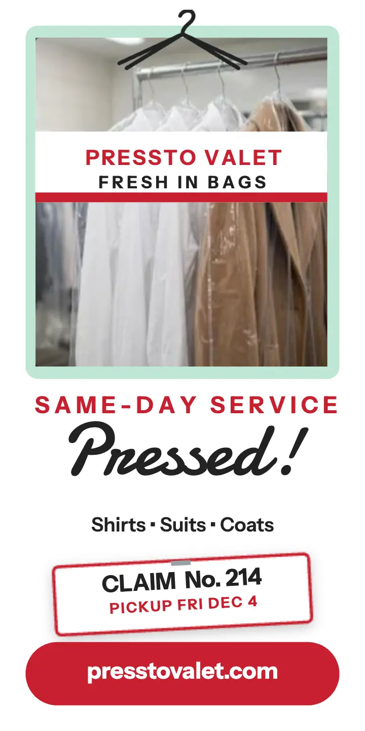 Pressto Valet dry cleaner half-page ad template