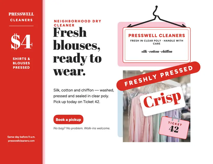 Presswell blouse press flyer: dry cleaner flyer template