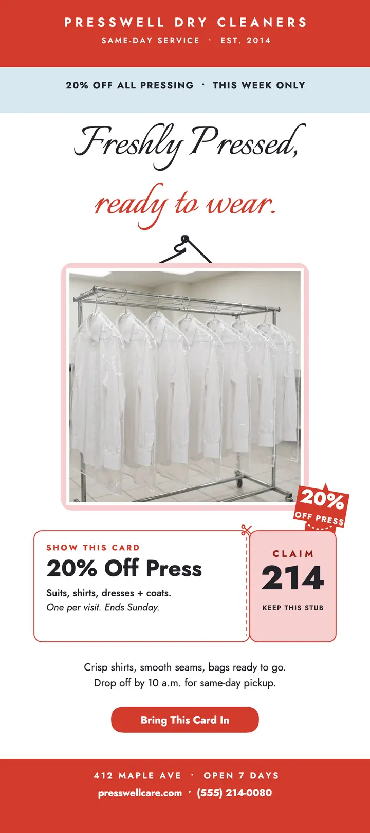 Presswell dry cleaner promo rack card: dry cleaner promo card template