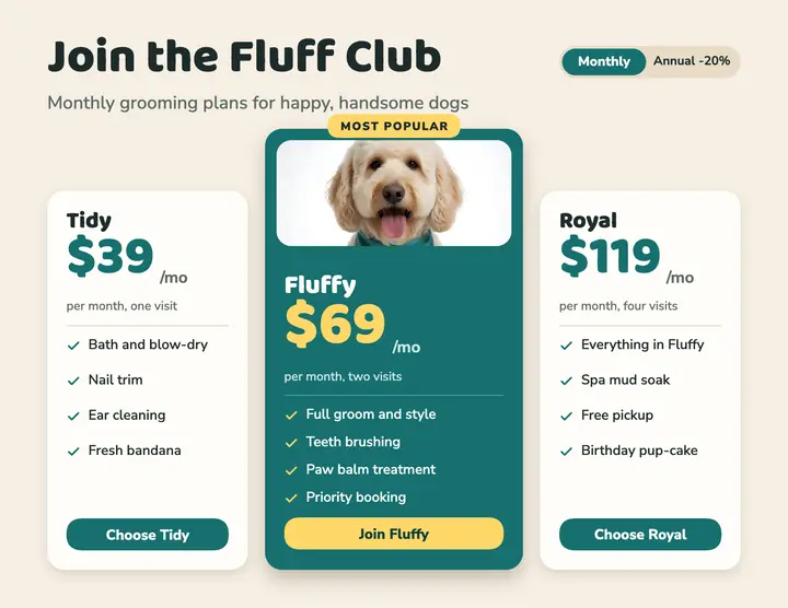Fluff Club dog grooming plans flyer template