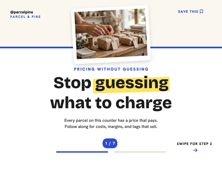 Parcel and Pine pricing guide carousel first slide: pricing carousel flyer template