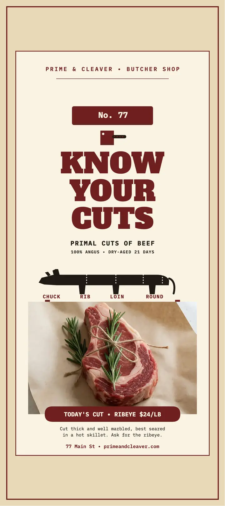 Prime and Cleaver beef cuts rack card template