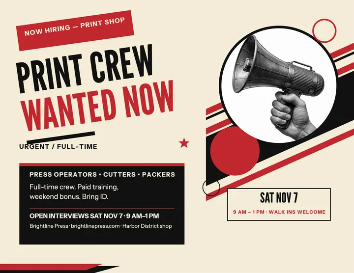 Brightline Press print crew hiring flyer: hiring flyer template