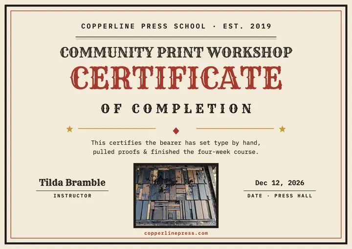 Copperline Press workshop certificate template