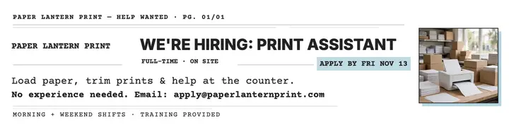 Paper Lantern Print assistant hiring banner template