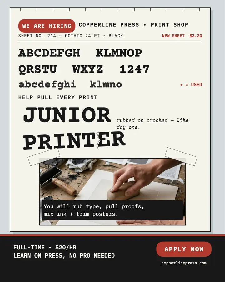 Copperline Press junior printer hiring post: print shop hiring post template