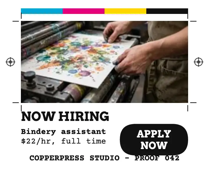 Copperpress Studio bindery hiring proof ad template