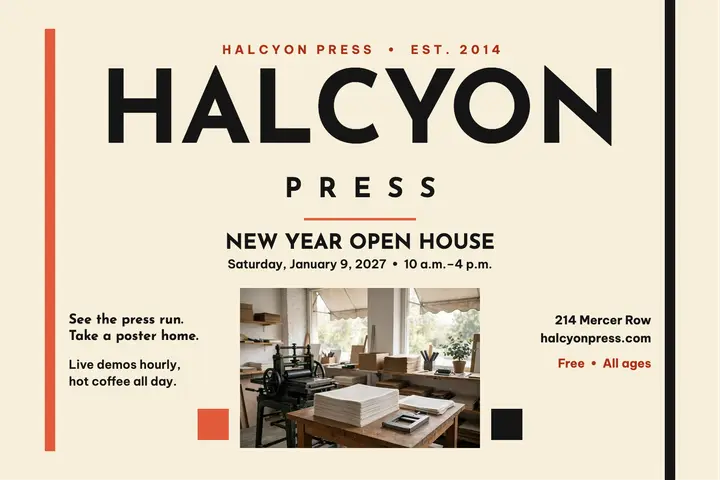 Halcyon Press New Year open house postcard: print studio postcard template