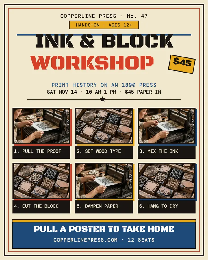 Ink and Block print workshop broadsheet template