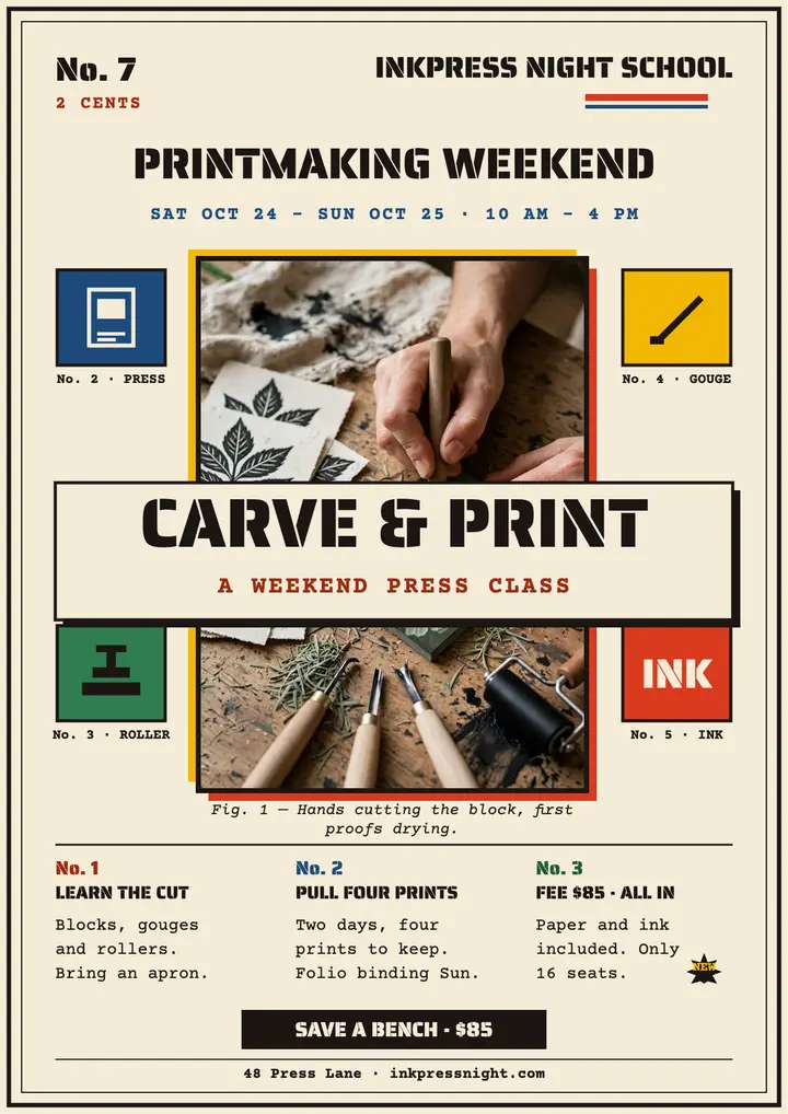 Printmaking Weekend broadsheet flyer template