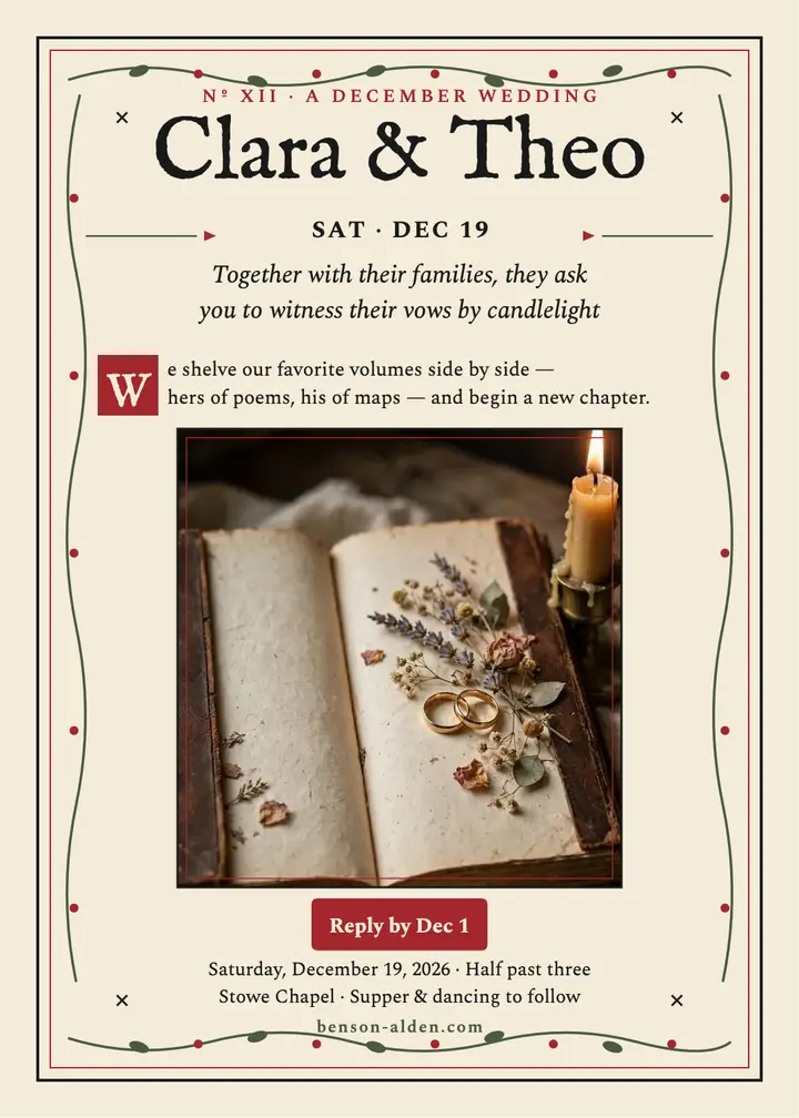 Clara and Theo winter book wedding invitation: winter wedding invitation template
