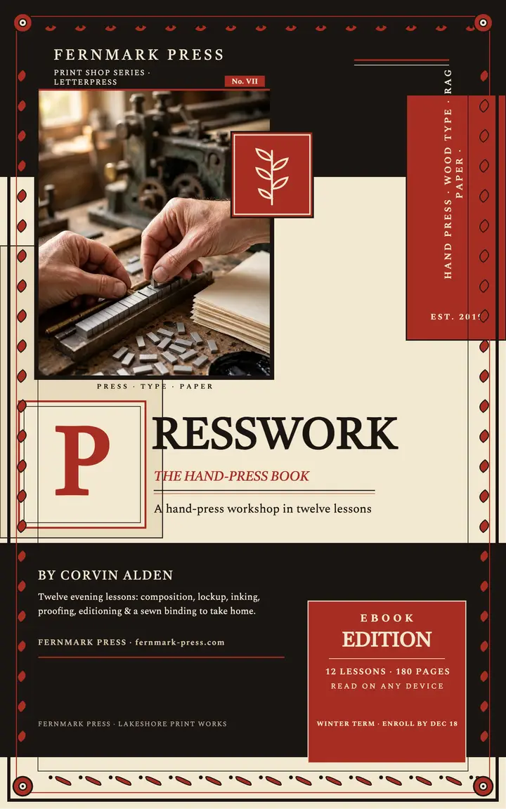 Presswork workshop book cover, Fernmark Press template