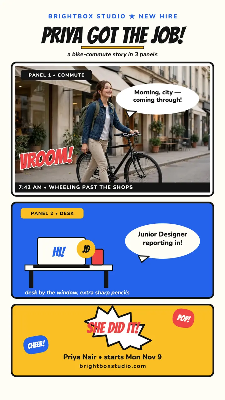 Priya new job bike commute comic template