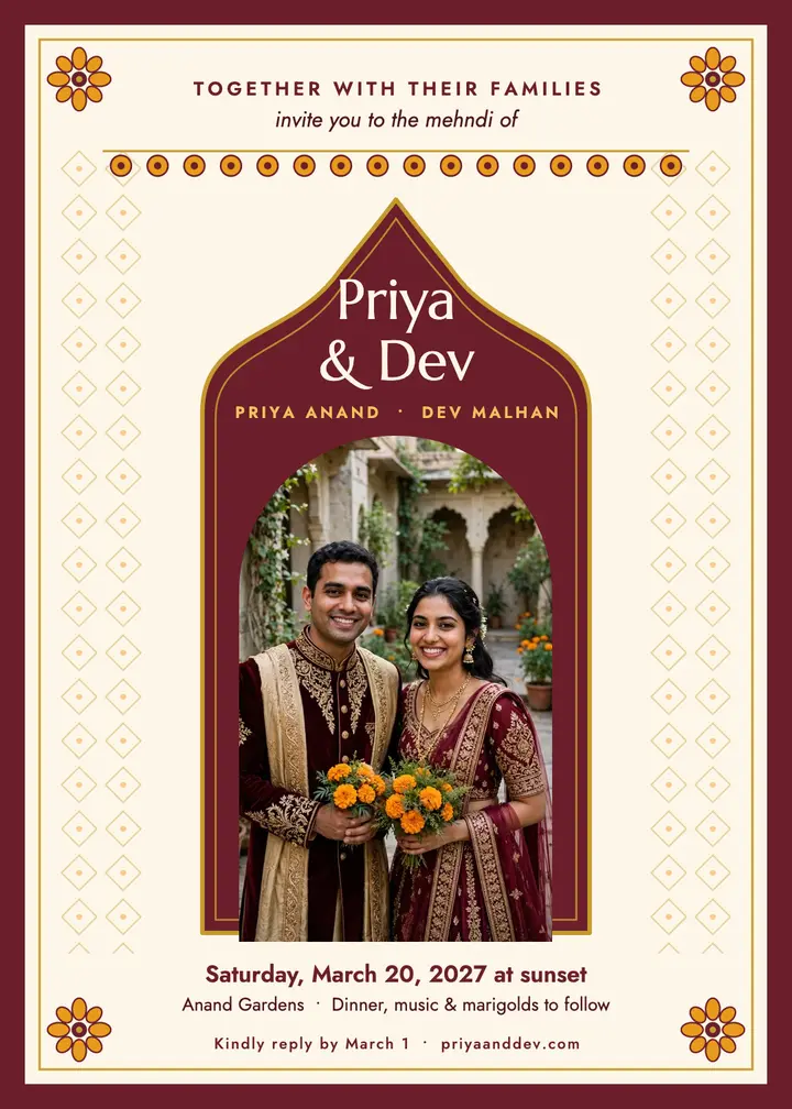 Priya and Dev marigold arch mehndi invite template