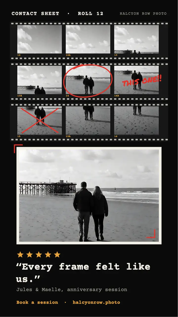 Photographer testimonial story, contact sheet template