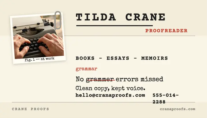 Crane Proofs typewriter business card: proofreader business card template