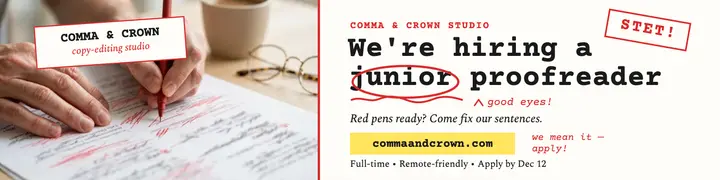 Comma and Crown junior proofreader banner: junior proofreader hiring banner template