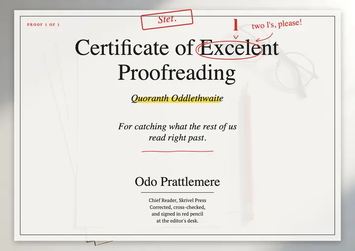 Proofreading award certificate, red pen proof: proofreading award certificate template