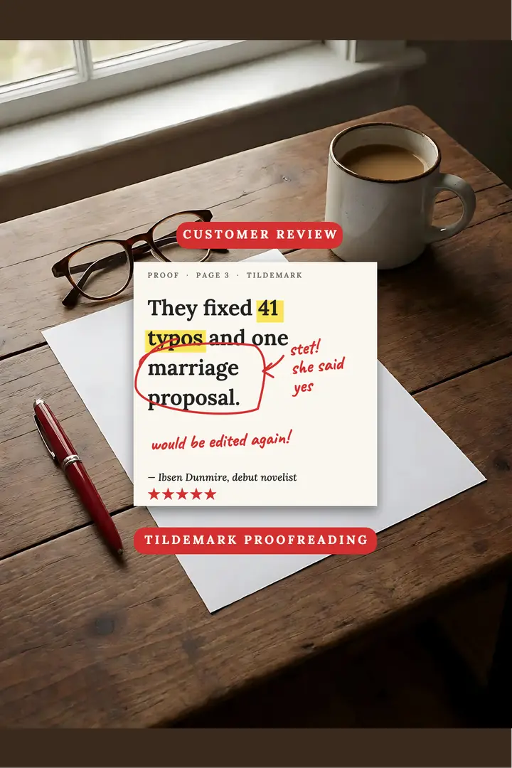 Tildemark Proofreading customer review red-pen proof poster: proofreading service review poster template