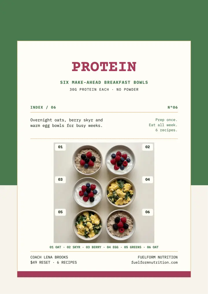 Fuelform protein breakfast grid flyer: breakfast meal prep flyer template