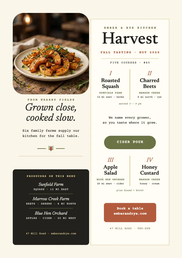 Ember and Rye harvest tasting menu template