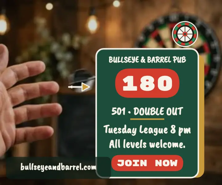 Bullseye and Barrel Tuesday darts league ad: darts league ad template