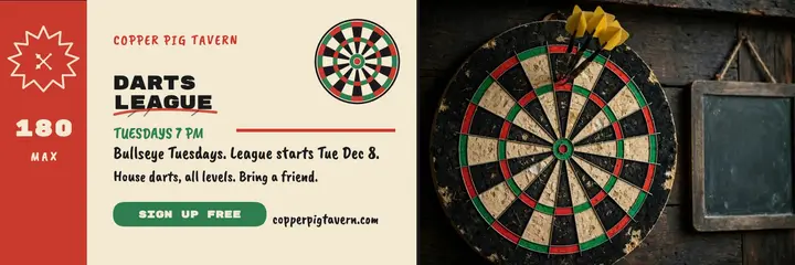 Copper Pig darts league header: darts league signup header template