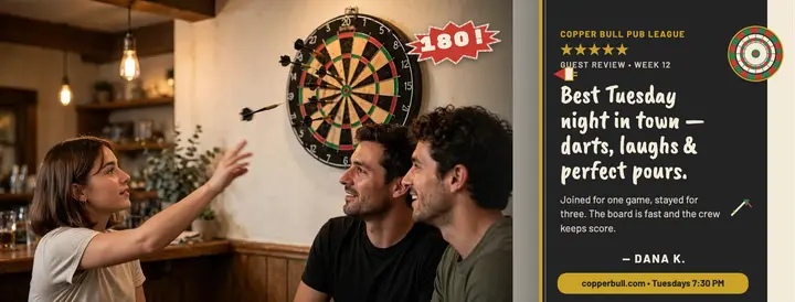Copper Bull darts league review cover template