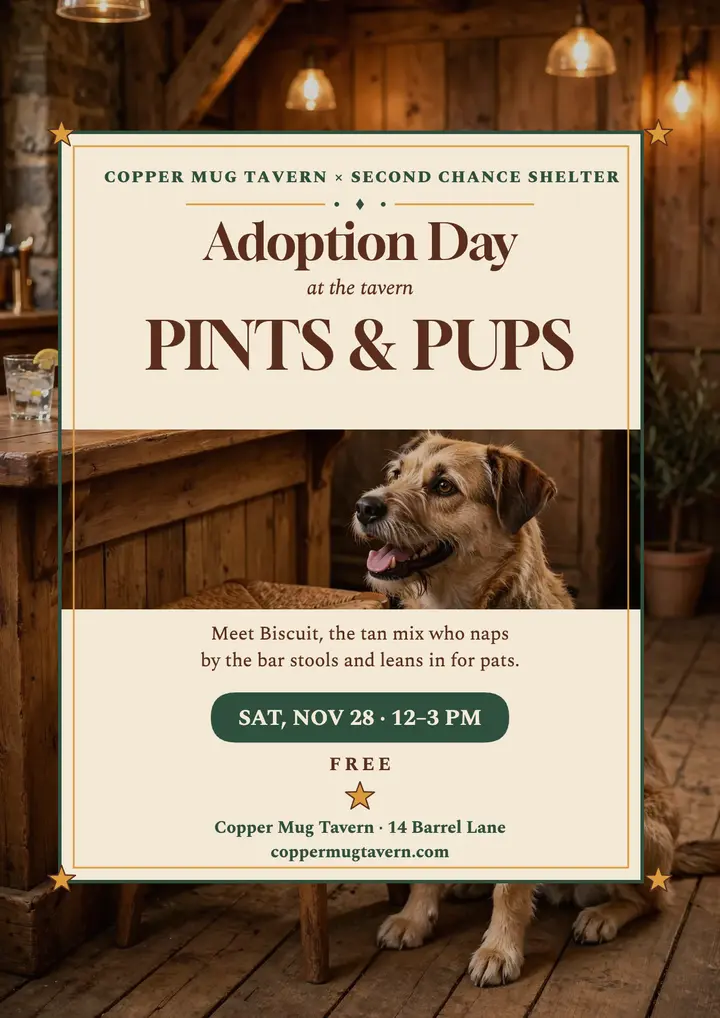 Copper Mug Tavern pub pups adoption flyer template