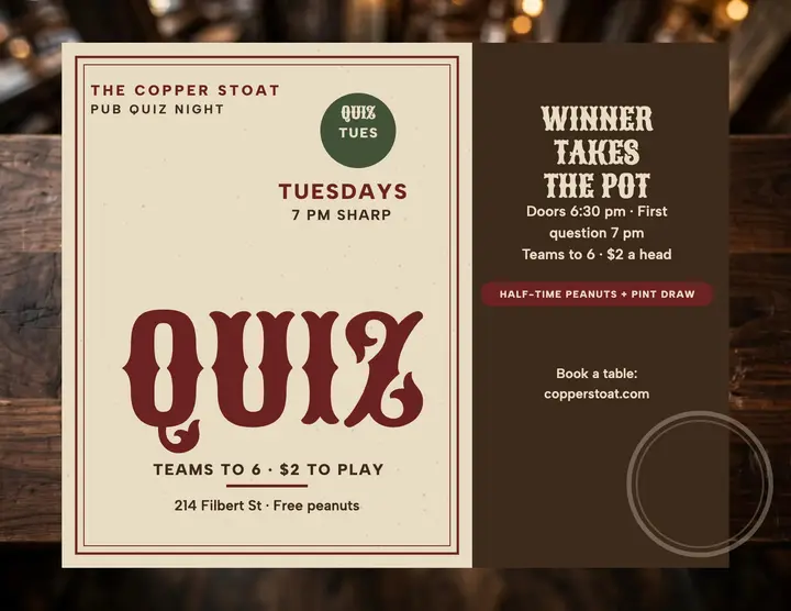 Copper Stoat pub quiz coaster flyer template